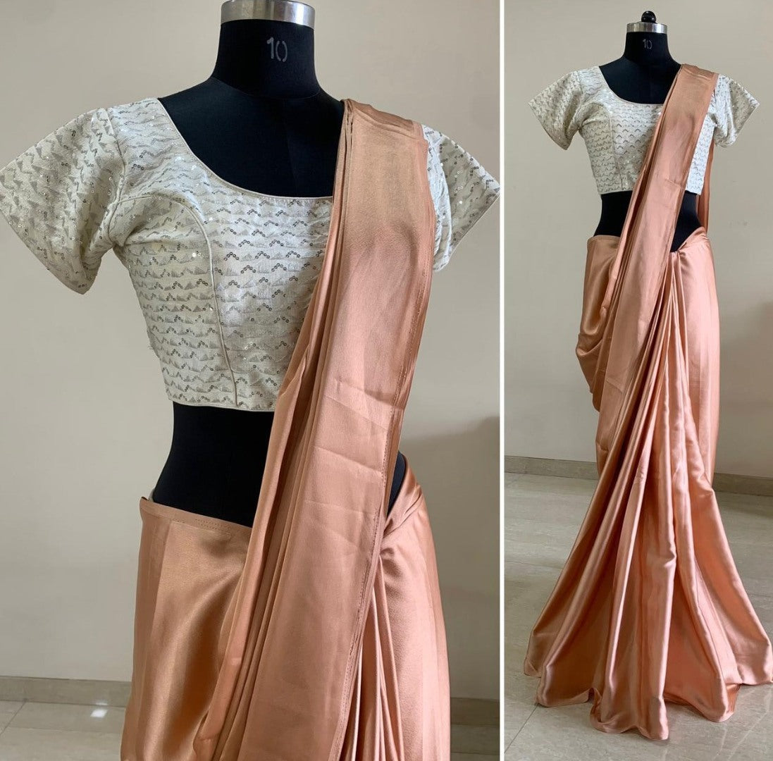 Dusty peach satin silk plain work saree