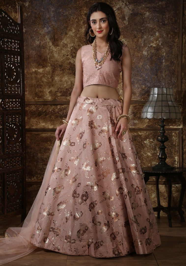 Dusty peach thai silk metalic foil printed partywear lehenga choli