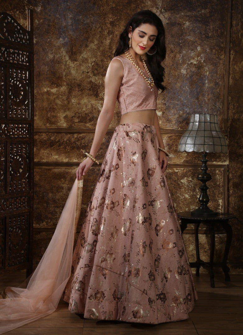 Dusty peach thai silk metalic foil printed partywear lehenga choli