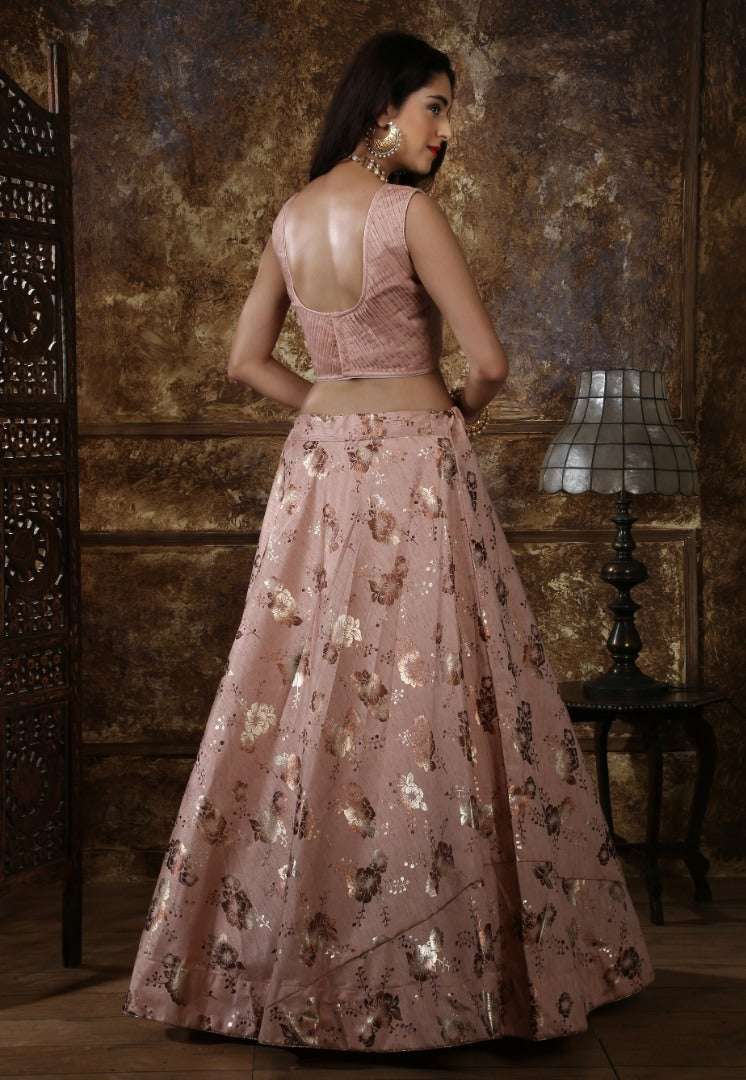 Dusty peach thai silk metalic foil printed partywear lehenga choli