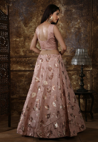 Dusty peach thai silk metalic foil printed partywear lehenga choli