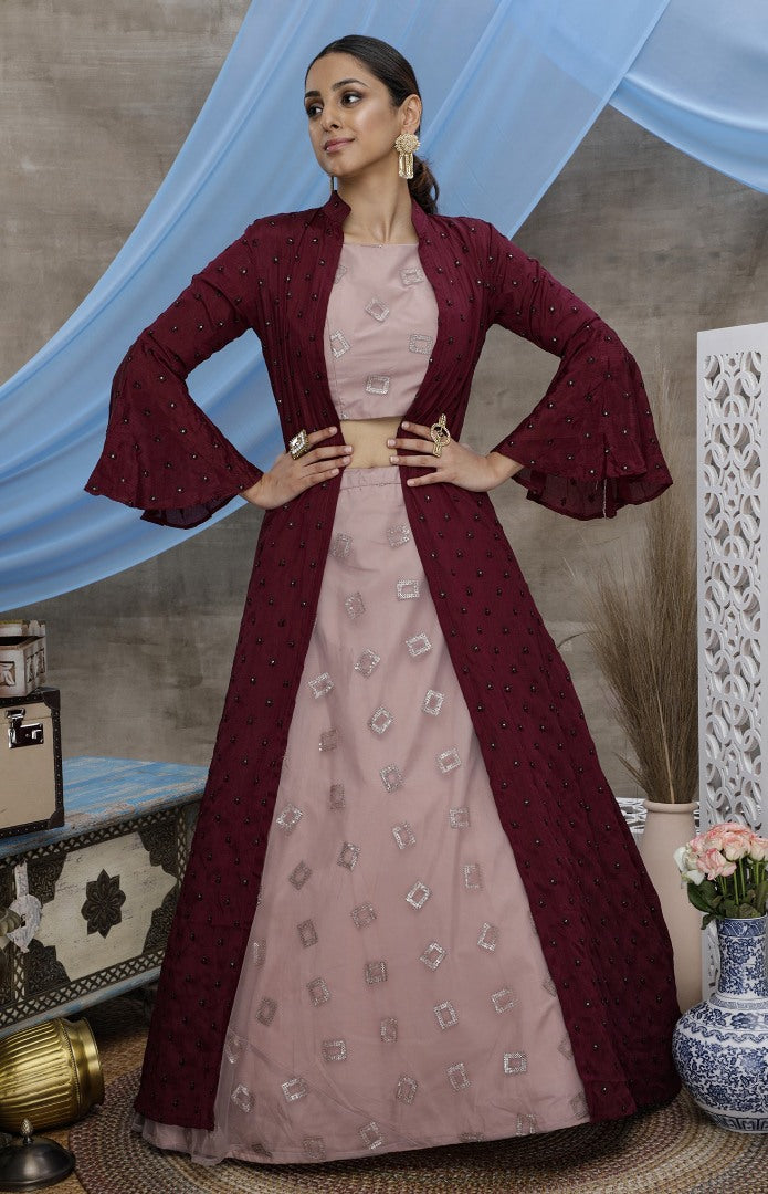 Dusty pink chinon heavy sequence wedding lehenga choli with koti