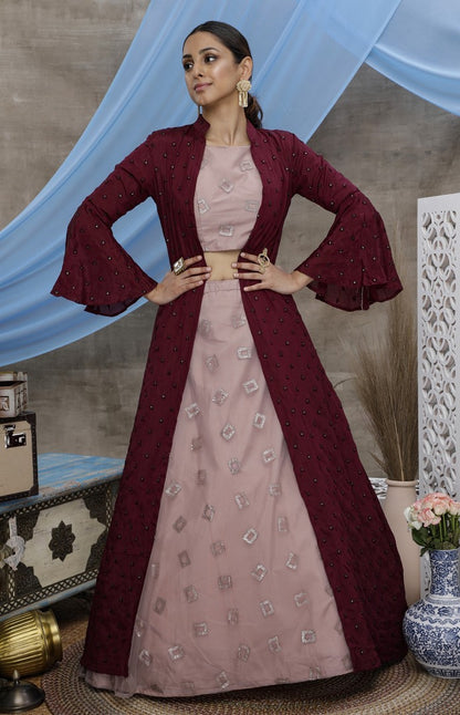 Dusty pink chinon heavy sequence wedding lehenga choli with koti