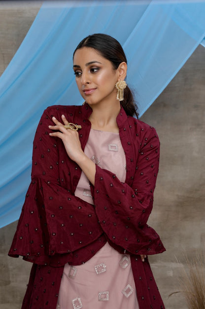 Dusty pink chinon heavy sequence wedding lehenga choli with koti