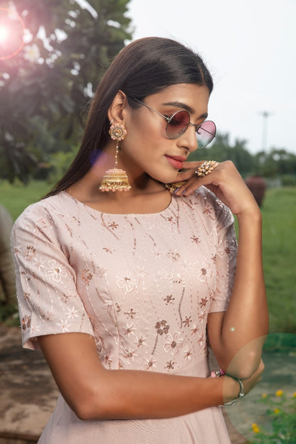 Dusty pink cotton embroidered party wear anarkali gown