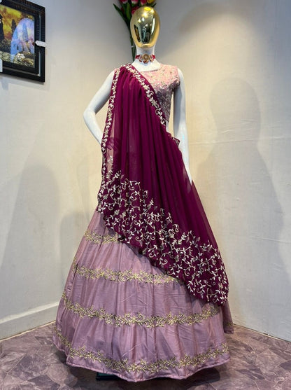 Dusty rose chinon silk embroidered lehenga choli with ruffle dupatta