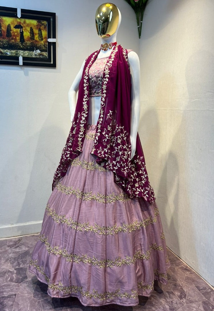 Dusty rose chinon silk embroidered lehenga choli with ruffle dupatta