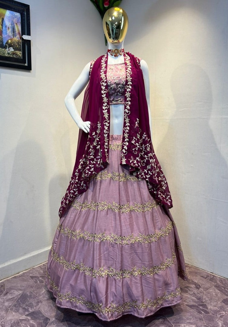 Dusty rose chinon silk embroidered lehenga choli with ruffle dupatta