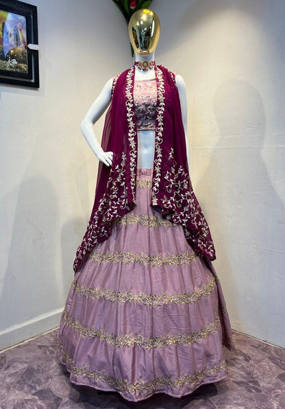 Dusty rose chinon silk embroidered lehenga choli with ruffle dupatta