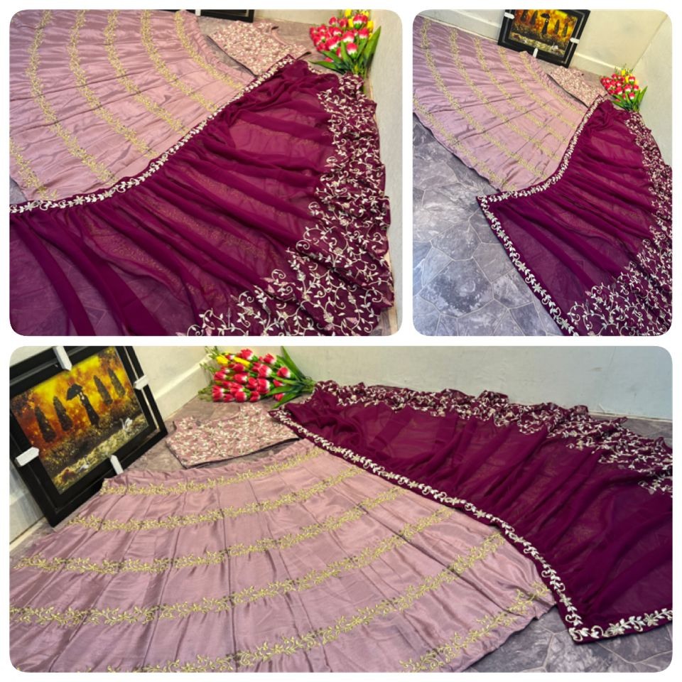 Dusty rose chinon silk embroidered lehenga choli with ruffle dupatta