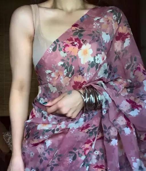 Dusty rose cotton linen floral printed casual saree