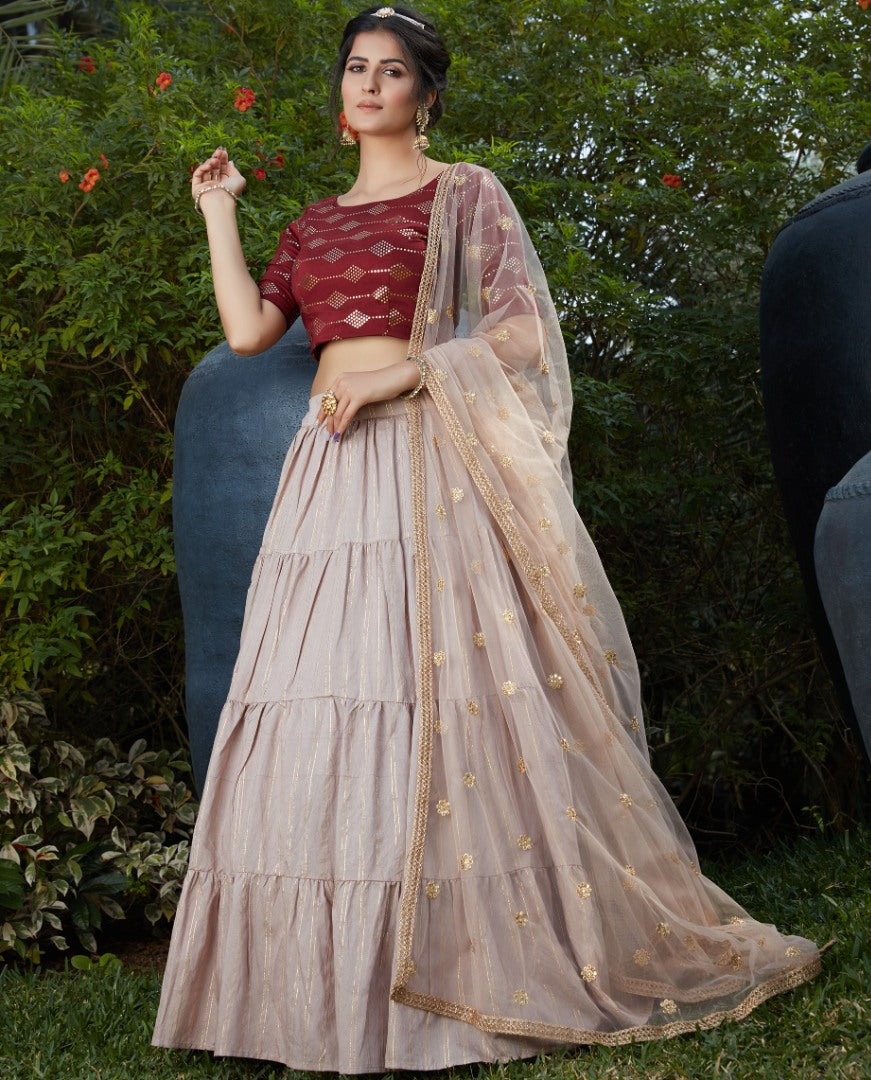 Dusty rose cotton pigment mirror foil work party wear lehenga choli