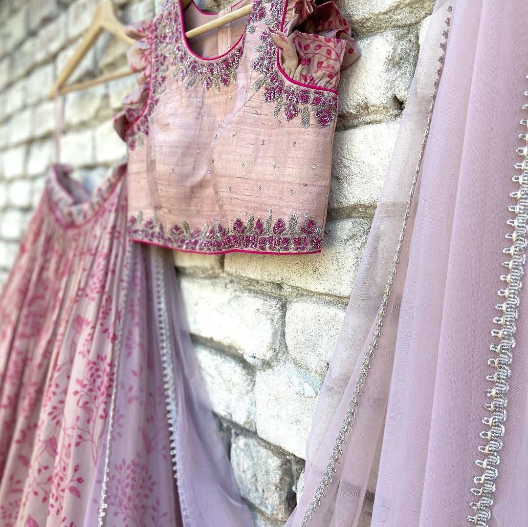 Dusty rose digital printed embroidered lehenga choli