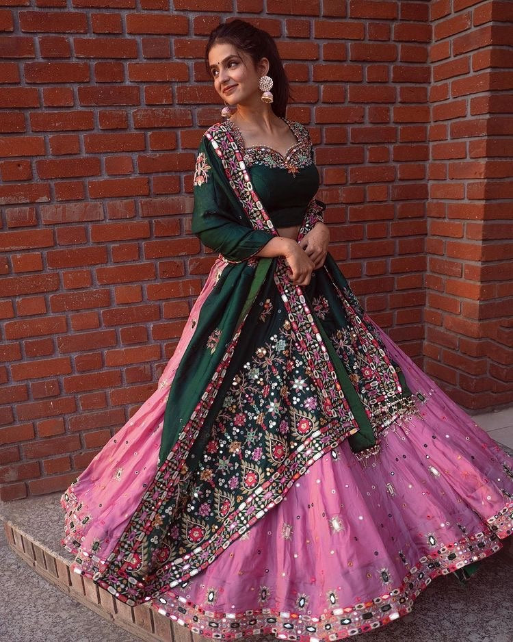 Dusty rose embroidery and mirror work gujarati garba navratri lehenga chaniya choli