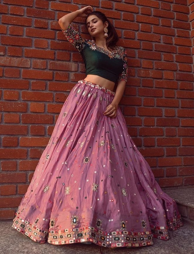 Dusty rose embroidery and mirror work gujarati garba navratri lehenga chaniya choli
