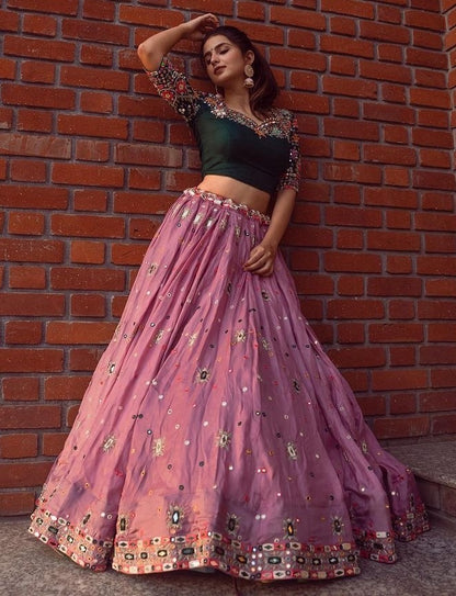 Dusty rose embroidery and mirror work gujarati garba navratri lehenga chaniya choli