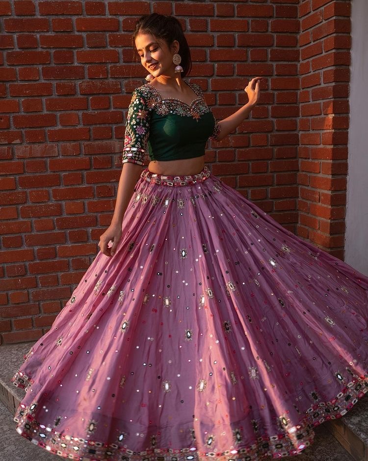 Dusty rose embroidery and mirror work gujarati garba navratri lehenga chaniya choli