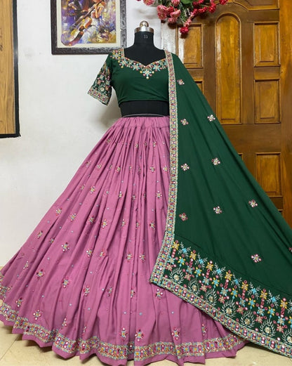 Dusty rose embroidery and mirror work gujarati garba navratri lehenga chaniya choli