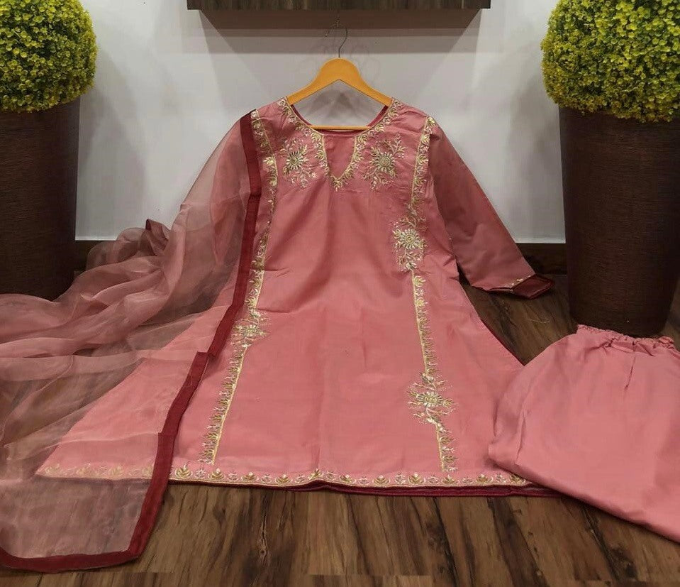 Dusty rose embroidery work cotton suit