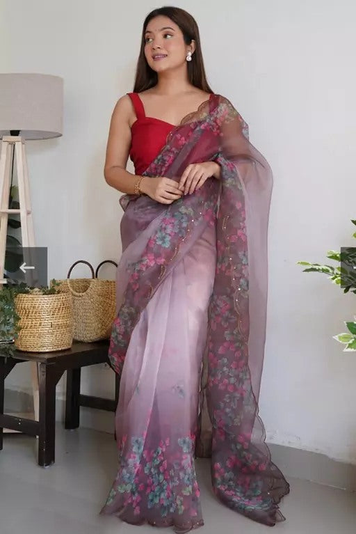Dusty rose floral printed organza saree