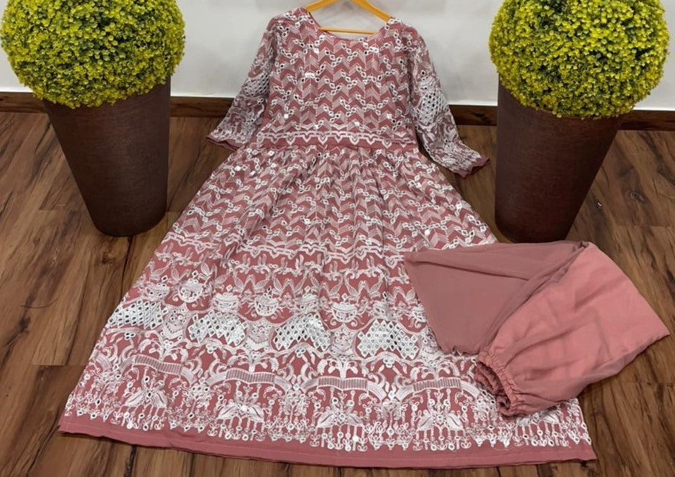 Dusty rose georgette chine stich work top with plazzo