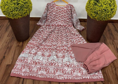 Dusty rose georgette chine stich work top with plazzo