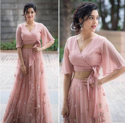 dusty rose georgette crop top lehenga