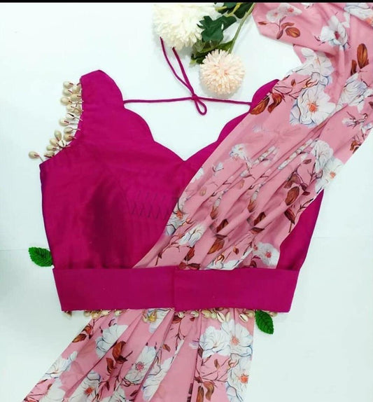 Dusty rose georgette digital floral printed saree