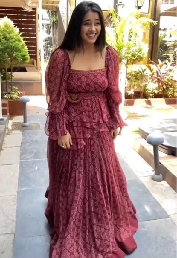 Dusty rose georgette digital printed ruffle work party wear crop top lehenga