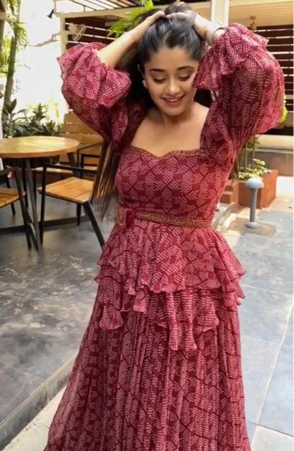 Dusty rose georgette digital printed ruffle work party wear crop top lehenga