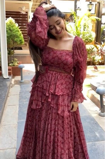 Dusty rose georgette digital printed ruffle work party wear crop top lehenga