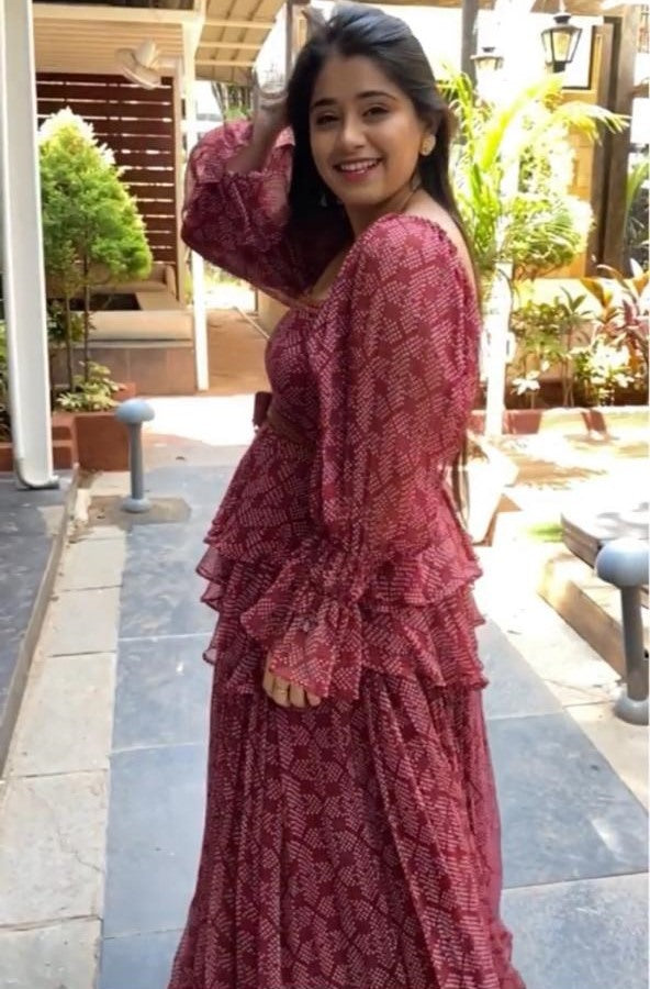 Dusty rose georgette digital printed ruffle work party wear crop top lehenga