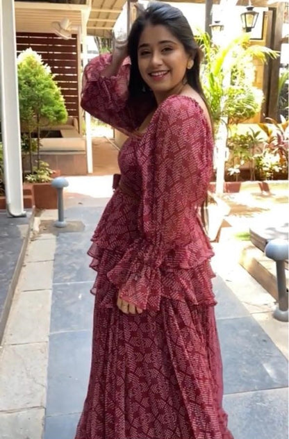 Dusty rose georgette digital printed ruffle work party wear crop top lehenga