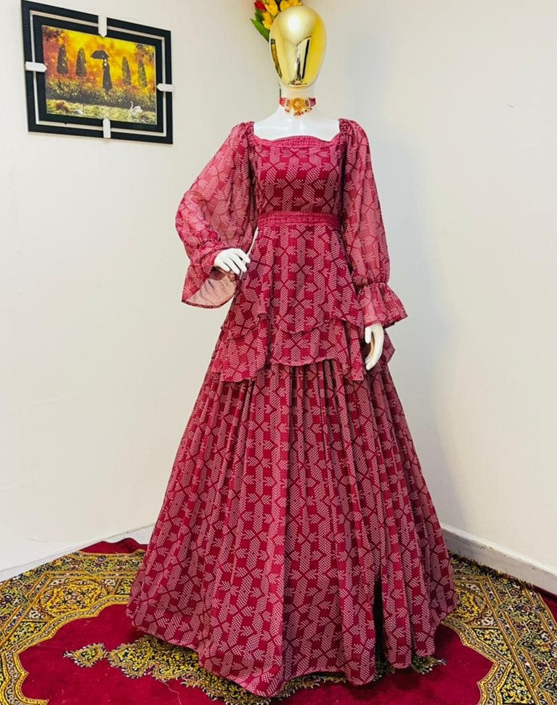 Dusty rose georgette digital printed ruffle work party wear crop top lehenga