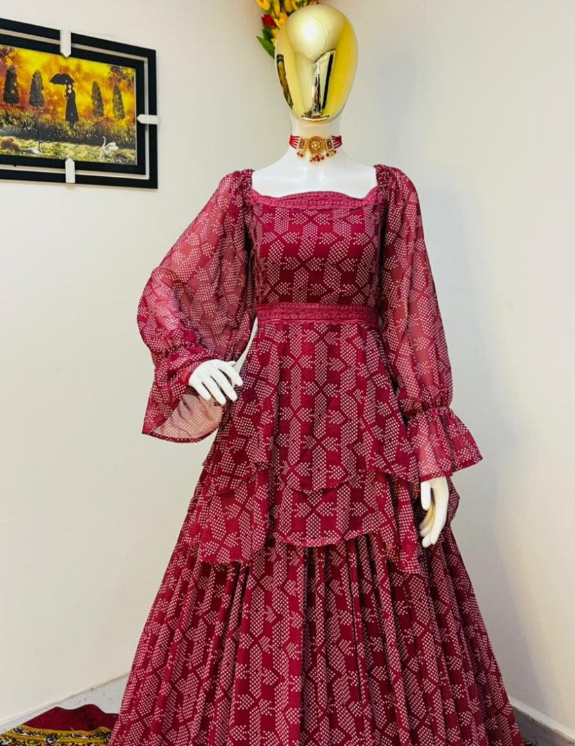 Dusty rose georgette digital printed ruffle work party wear crop top lehenga