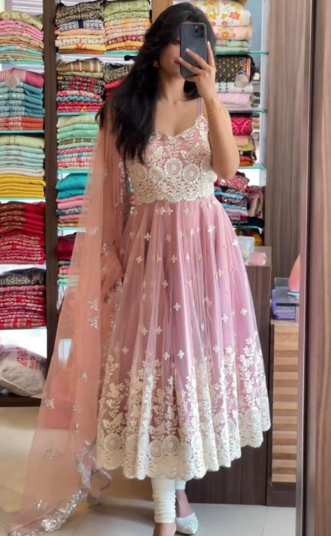 Dusty rose georgette embroidered anarkali gown