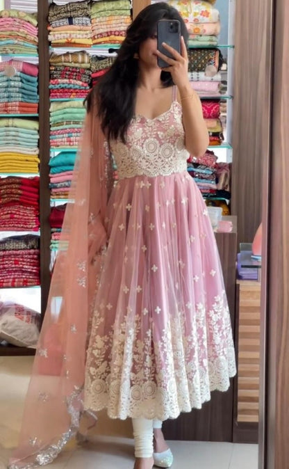 Dusty rose georgette embroidered anarkali gown