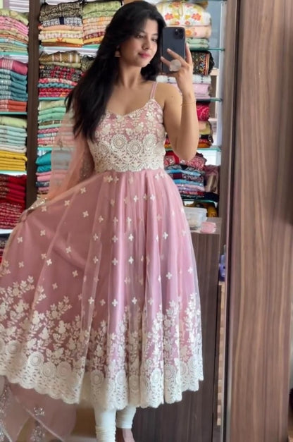 Dusty rose georgette embroidered anarkali gown