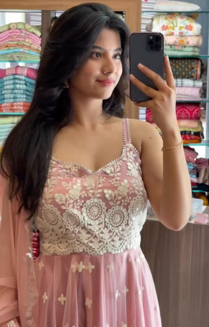 Dusty rose georgette embroidered anarkali gown