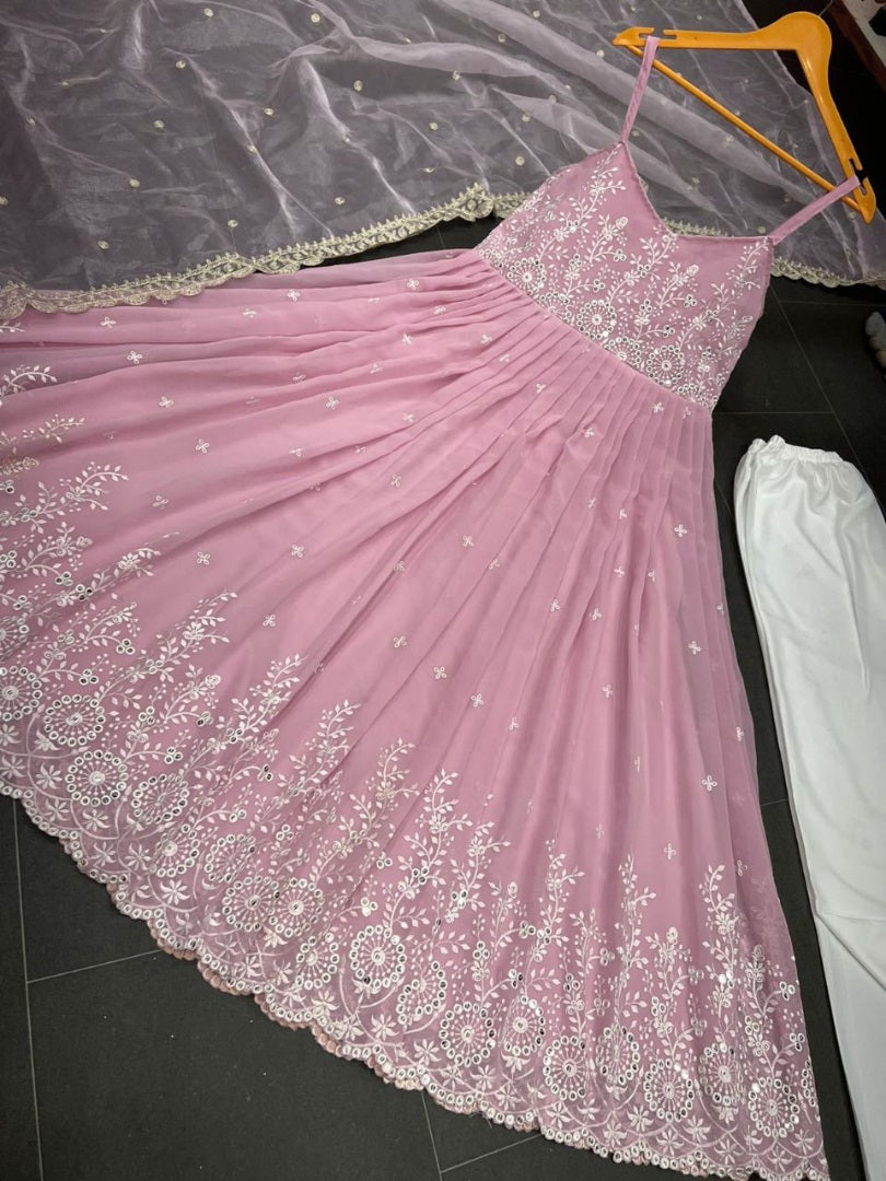Dusty rose georgette embroidered anarkali gown