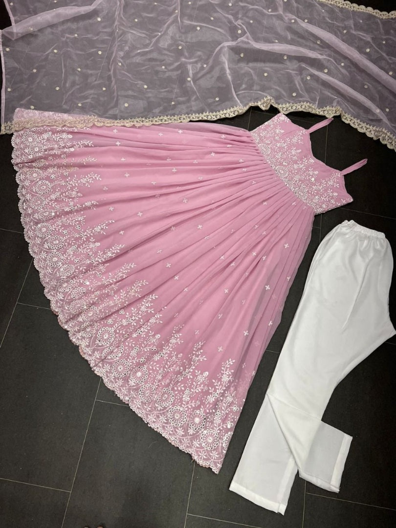 Dusty rose georgette embroidered anarkali gown