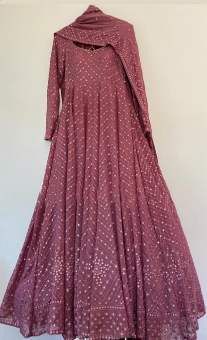 Dusty rose georgette embroidered sequence work gown
