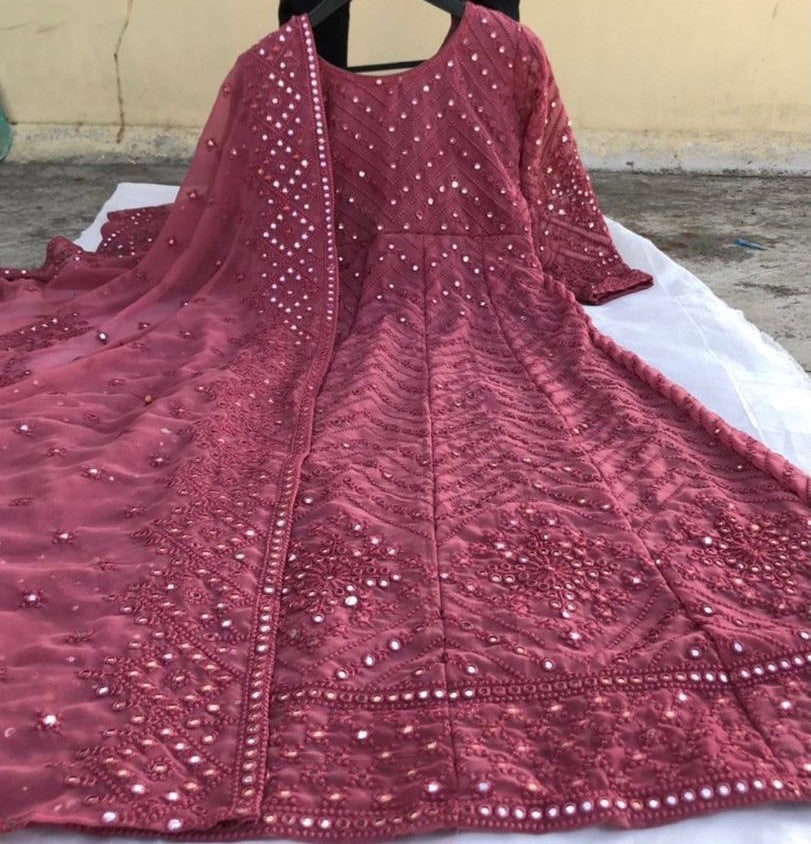 Dusty rose georgette embroidered sequence work gown