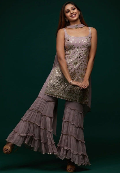 Dusty rose georgette embroidered sharara suit