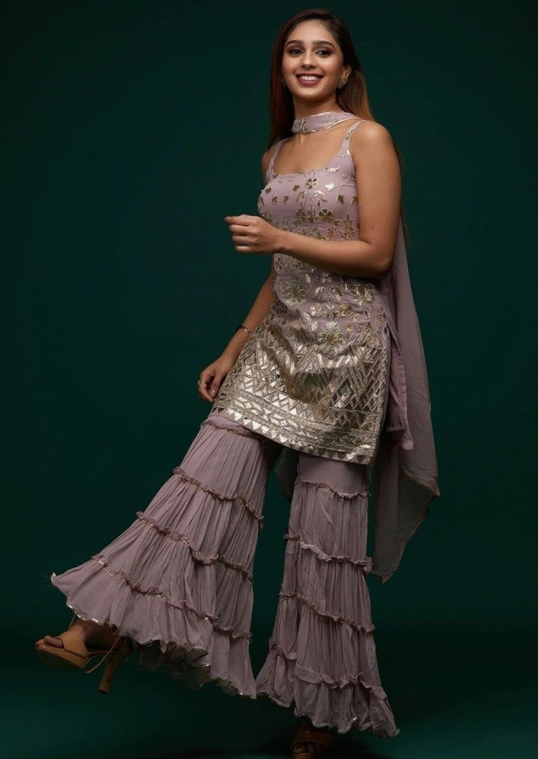 Dusty rose georgette embroidered sharara suit