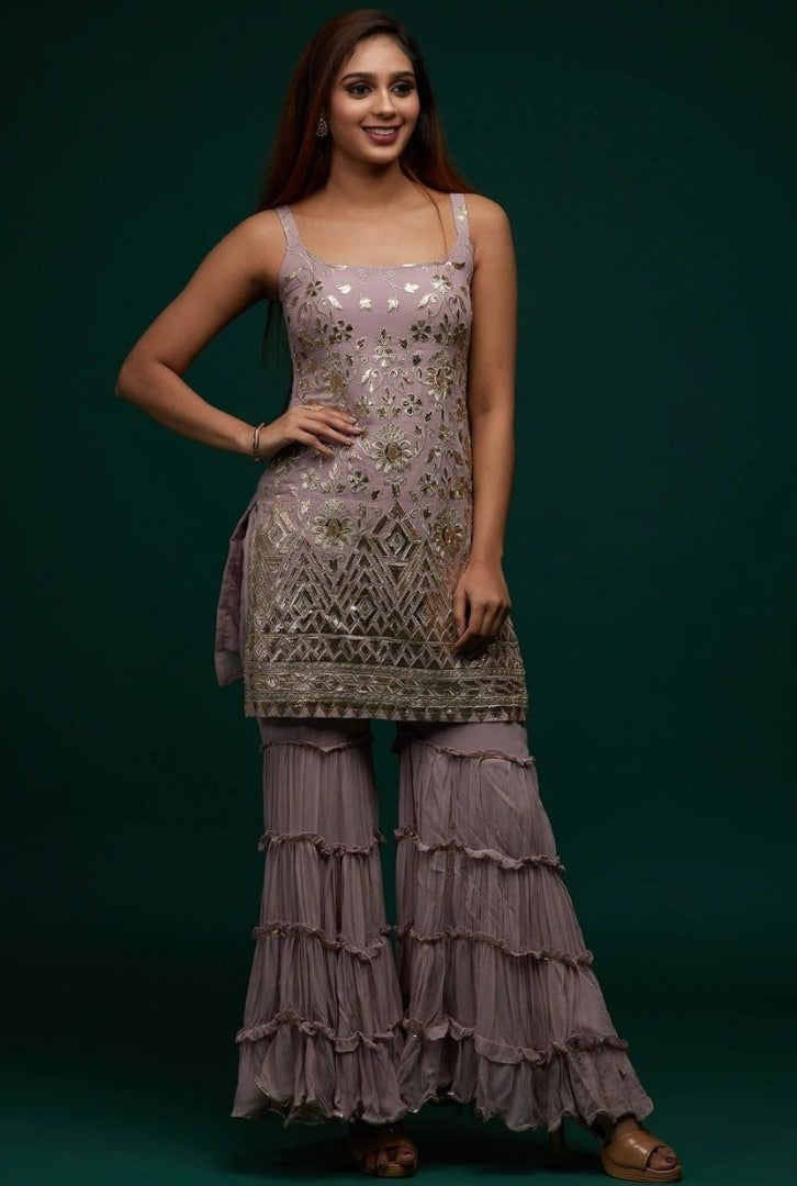 Dusty rose georgette embroidered sharara suit