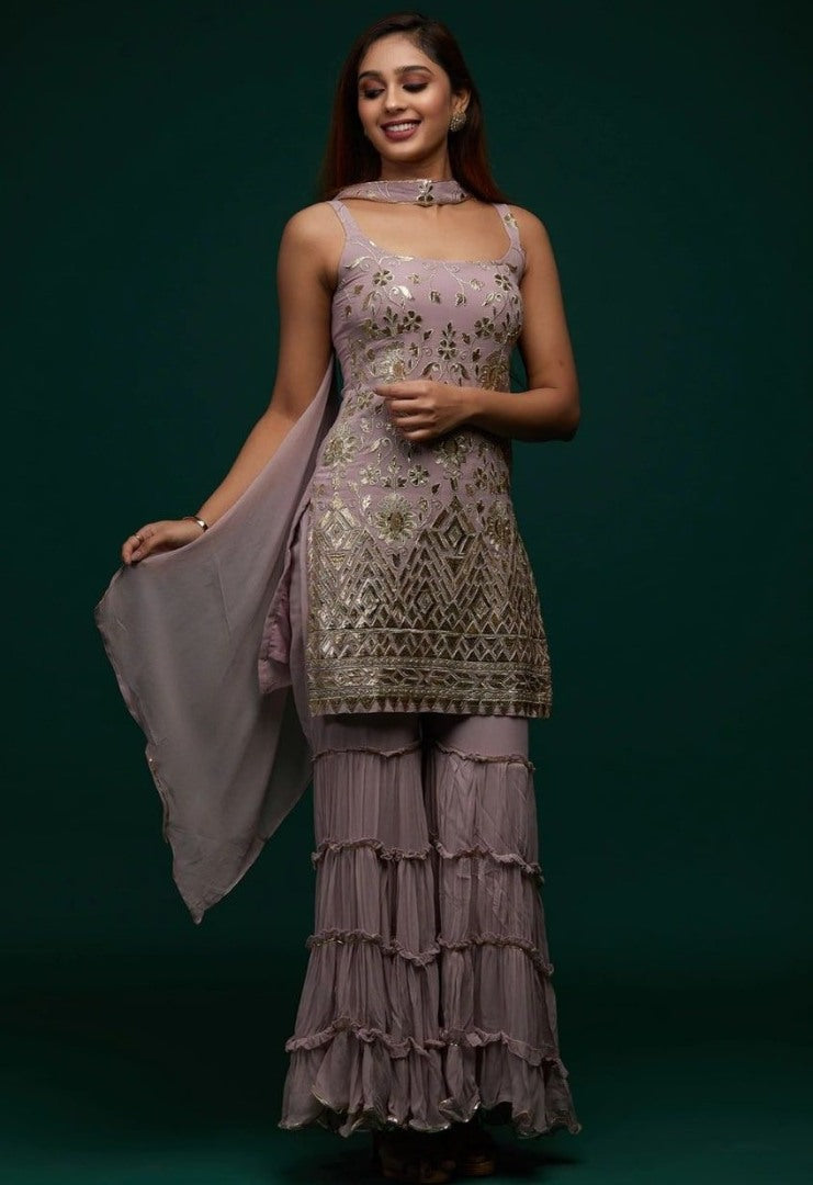 Dusty rose georgette embroidered sharara suit