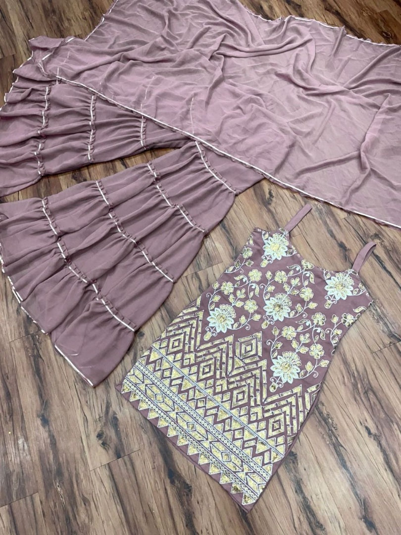 Dusty rose georgette embroidered sharara suit