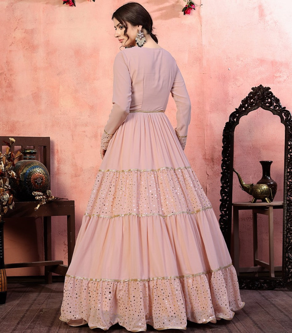 Dusty rose georgette golden sequence work party wear gown