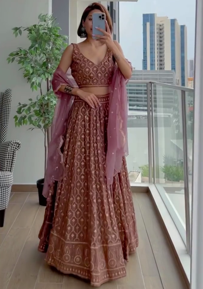 Dusty rose georgette heavy embroidered wedding lehenga choli